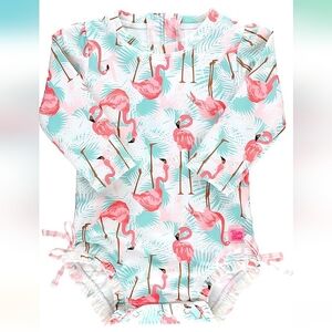 RuffleButts Girls UPF 50+ Flamingo Long Sleeve One Piece Swimsuit with Zipper